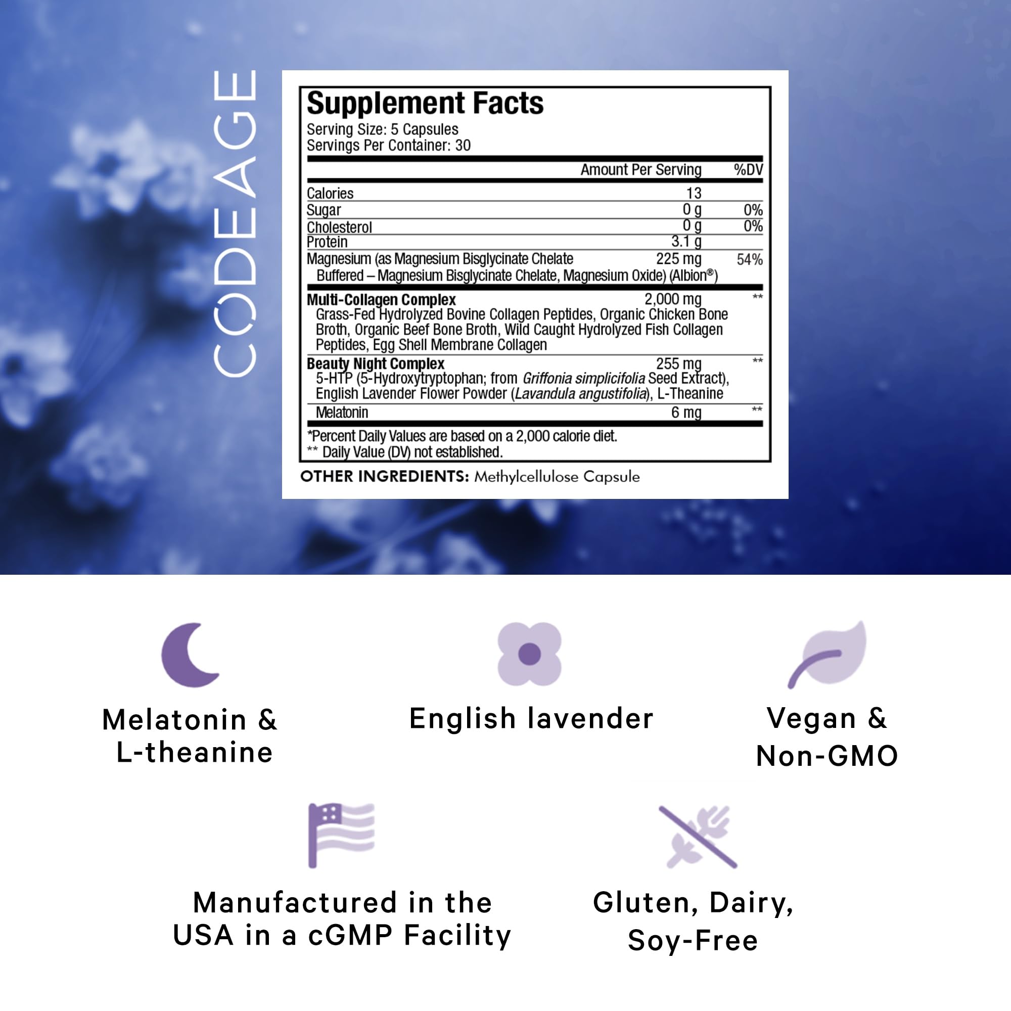 Codeage Beauty Night bottle side panel shows ingredients for nighttime routine.