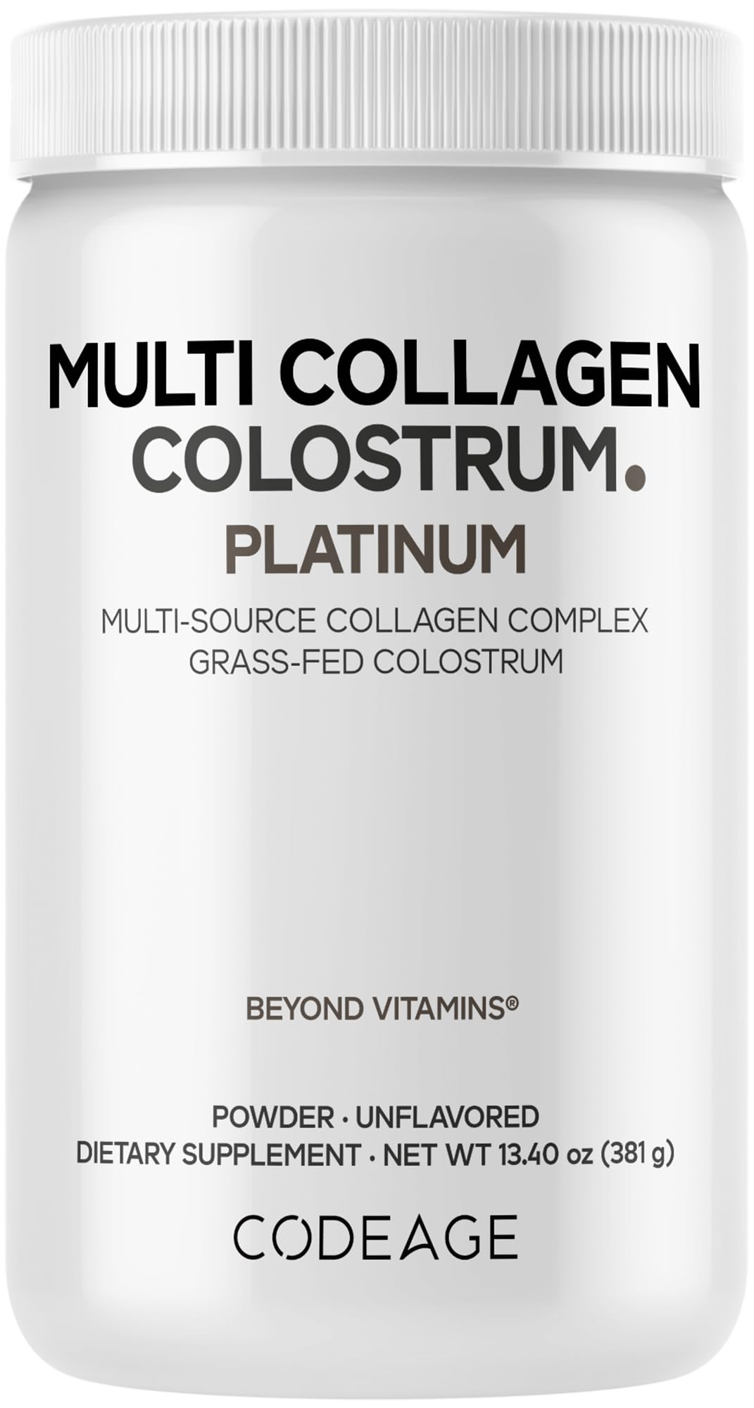 Codeage Multi Collagen Colostrum Platinum bottle on a kitchen counter for daily wellness.