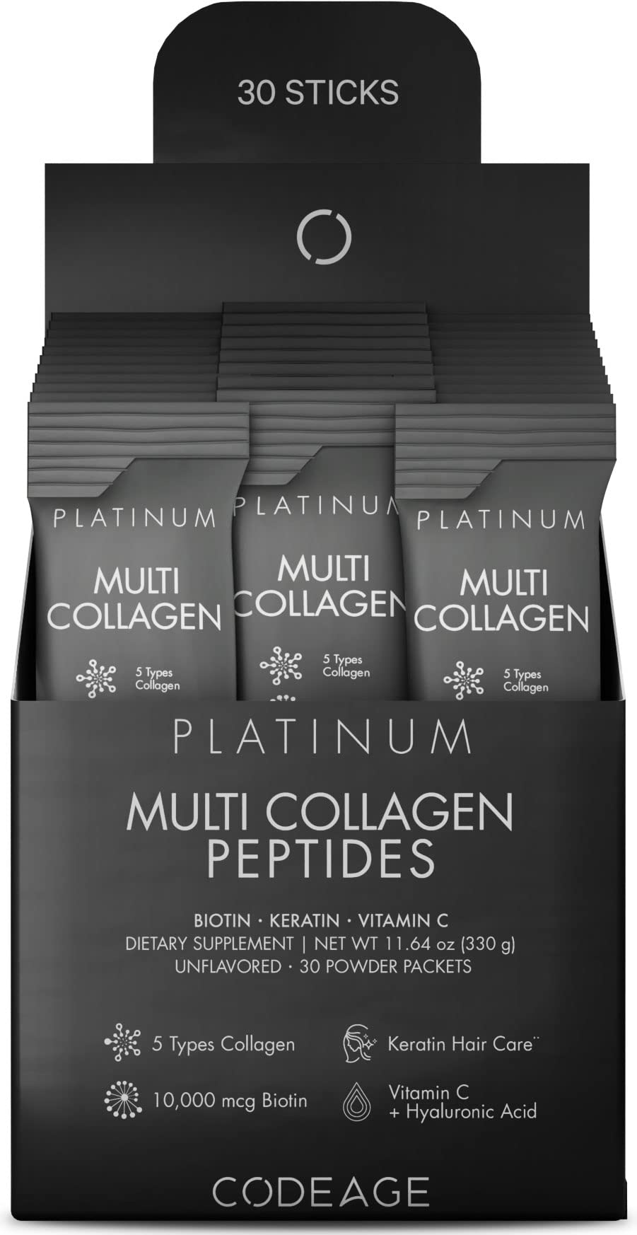 Codeage Multi Collagen Platinum Stick Pack front view for easy on the go nutrition