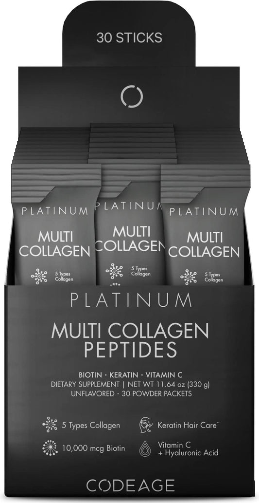 Codeage Multi Collagen Platinum Stick Pack front view for easy on the go nutrition