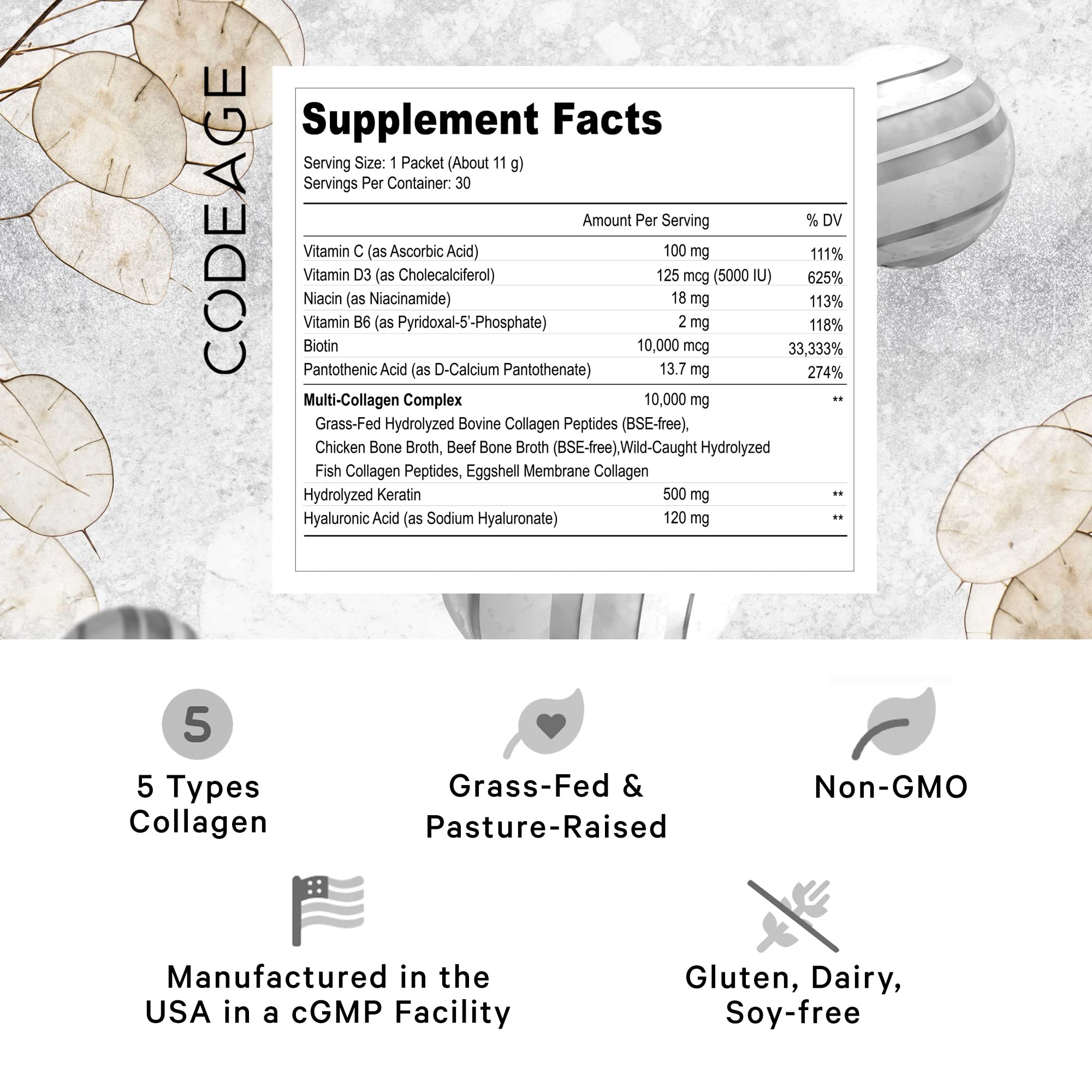 Codeage Multi Collagen Platinum Stick Pack label close up showing ingredients