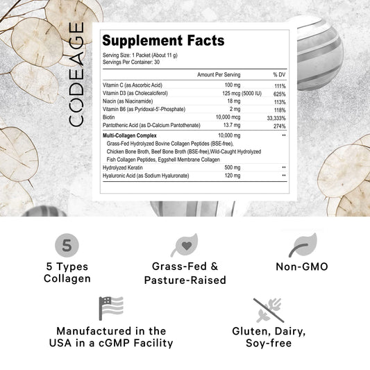 Codeage Multi Collagen Platinum Stick Pack label close up showing ingredients