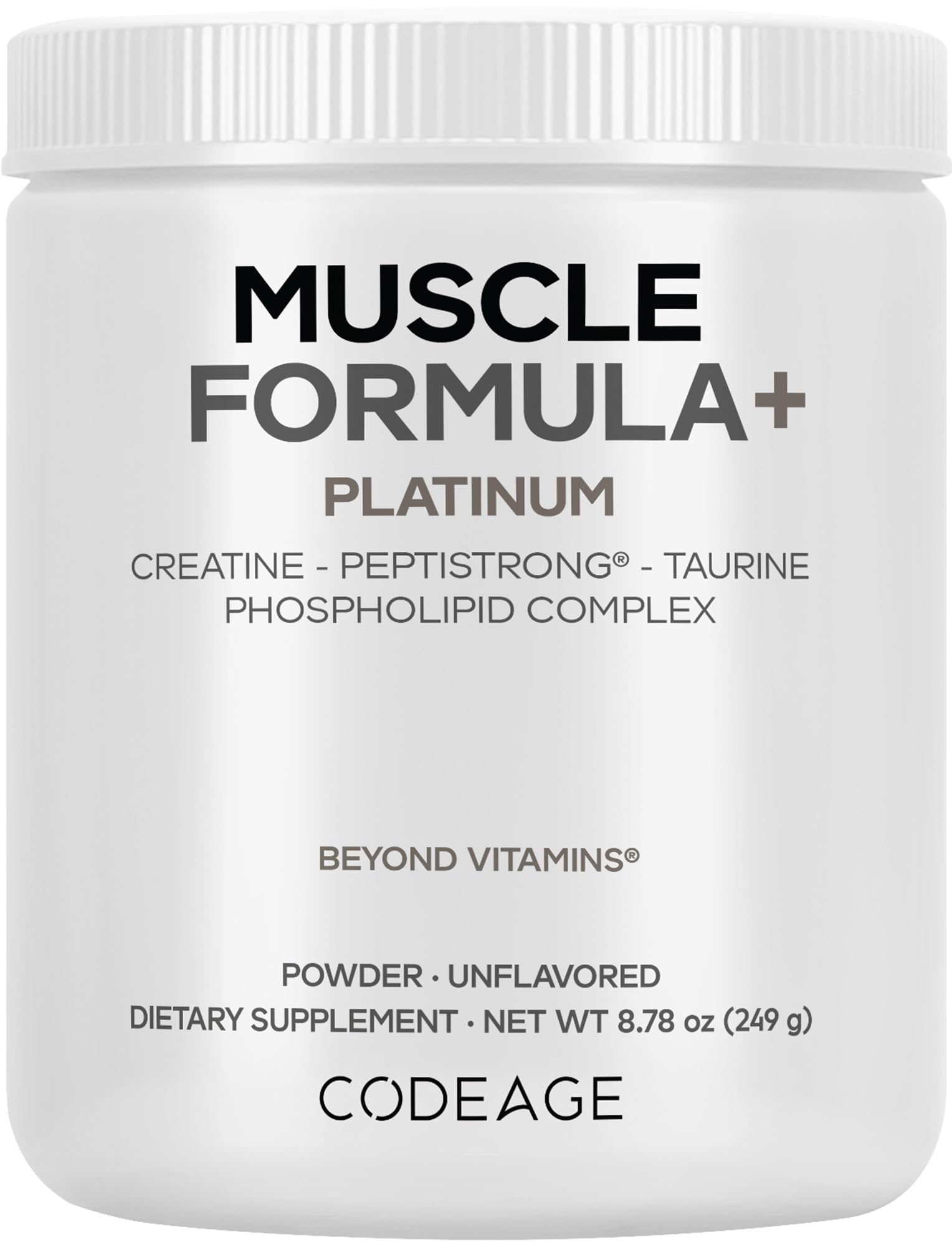 Codeage Muscle Formula+ Platinum bottle with unflavored powder for versatile shakes