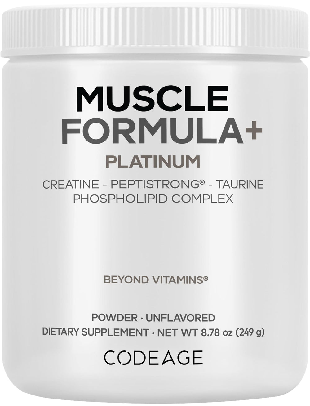 Codeage Muscle Formula+ Platinum bottle with unflavored powder for versatile shakes