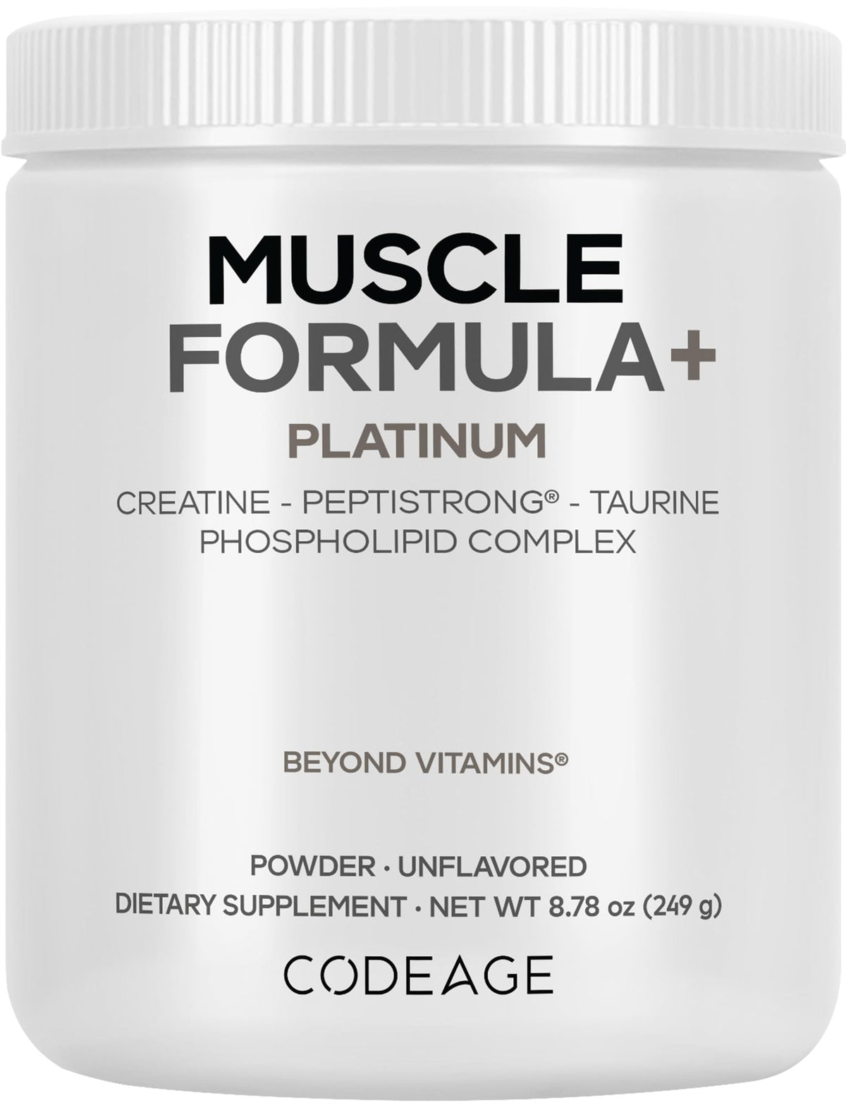 Codeage Muscle Formula+ Platinum bottle with unflavored powder for versatile shakes