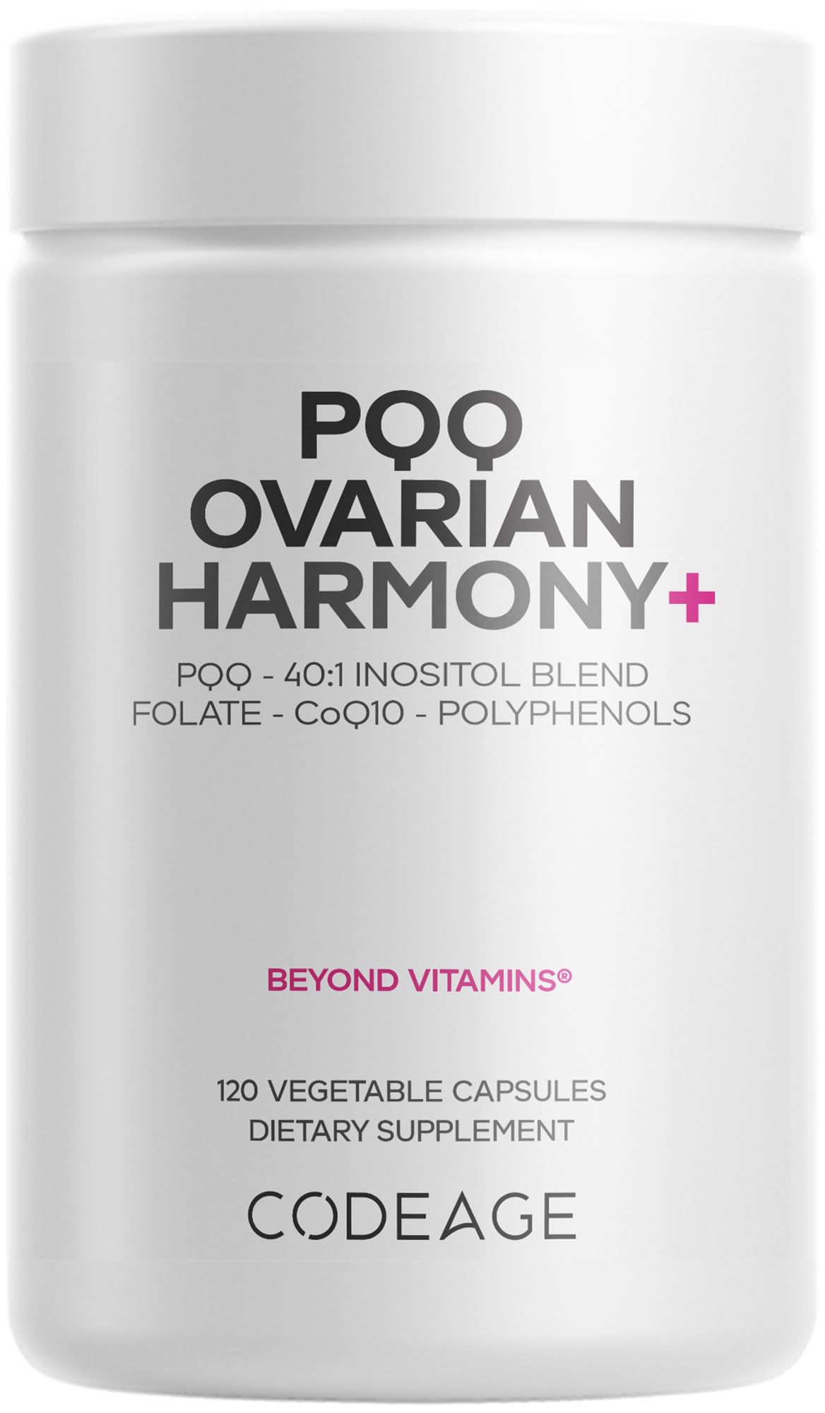 Codeage PQQ Ovarian Harmony bottle with capsules for convenient daily support
