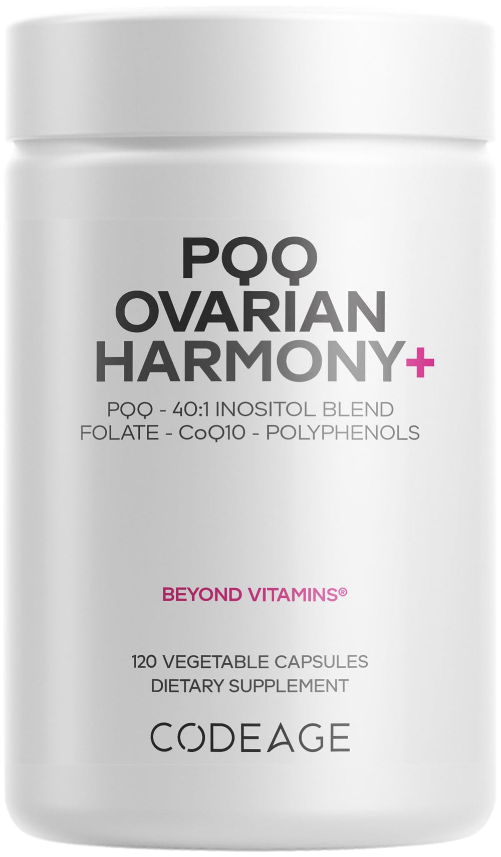 Codeage PQQ Ovarian Harmony bottle with capsules for convenient daily support