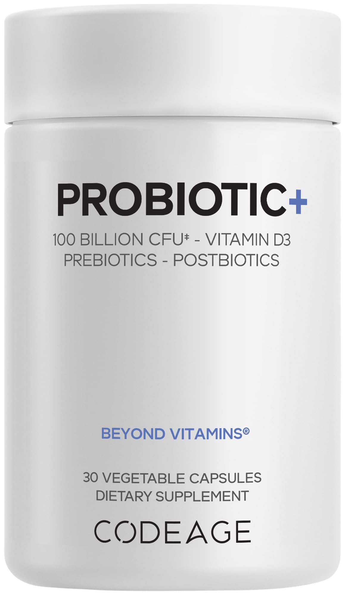 Codeage Probiotic+ 100B CFU blend capsules for robust gut support.