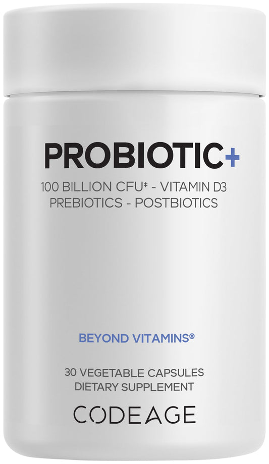 Codeage Probiotic+ 100B CFU blend capsules for robust gut support.
