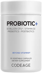 Codeage Probiotic+ 50billion-cfu bottle promotes daily digestive balance
