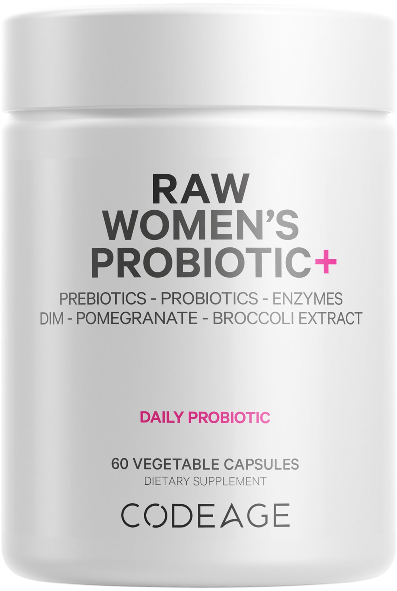 Codeage Raw Women's Probiotic bottle label highlights 34 strains for daily digestive balance.