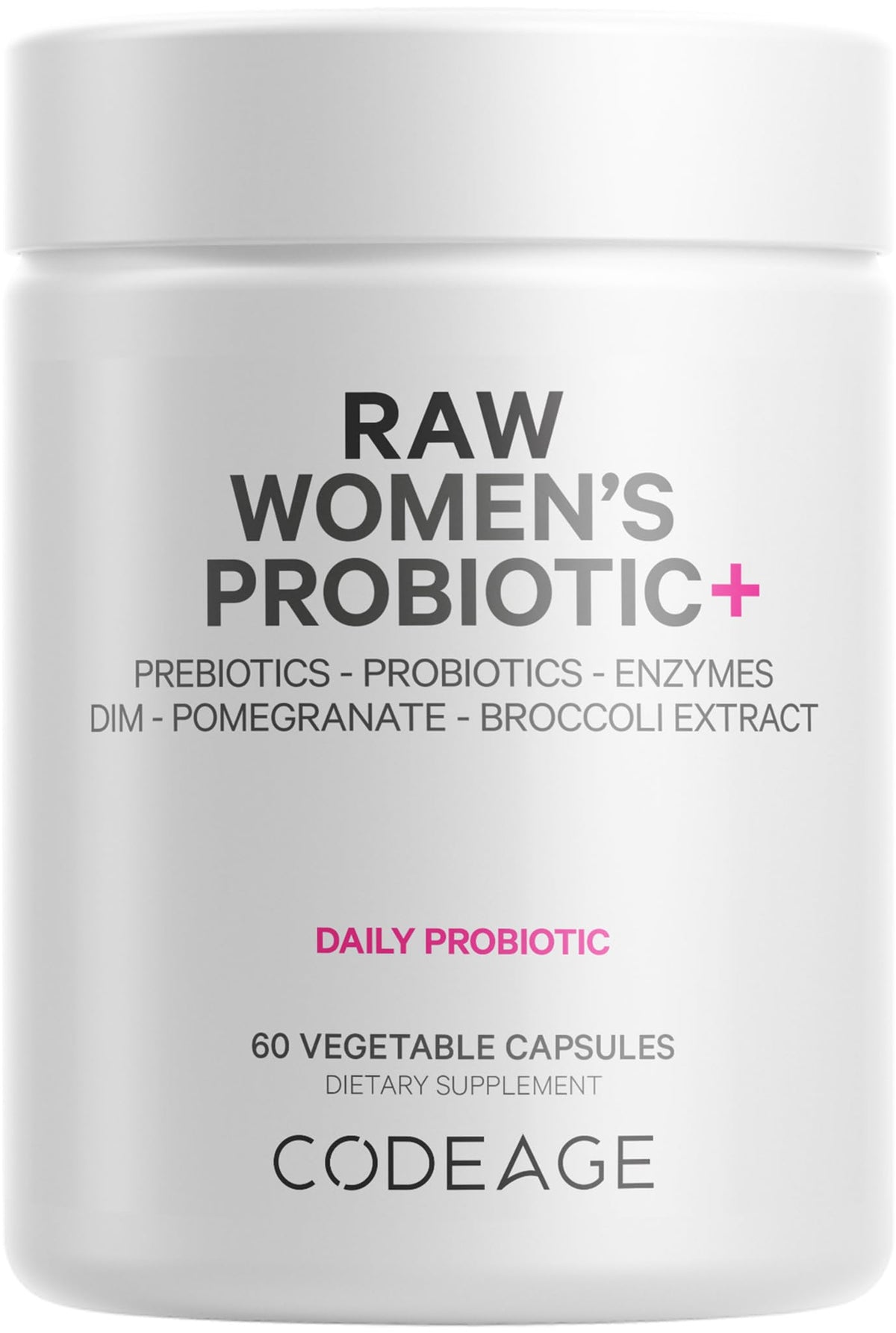 Codeage Raw Women's Probiotic bottle label highlights 34 strains for daily digestive balance.