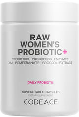 Codeage Raw Women's Probiotic bottle label highlights 34 strains for daily digestive balance.