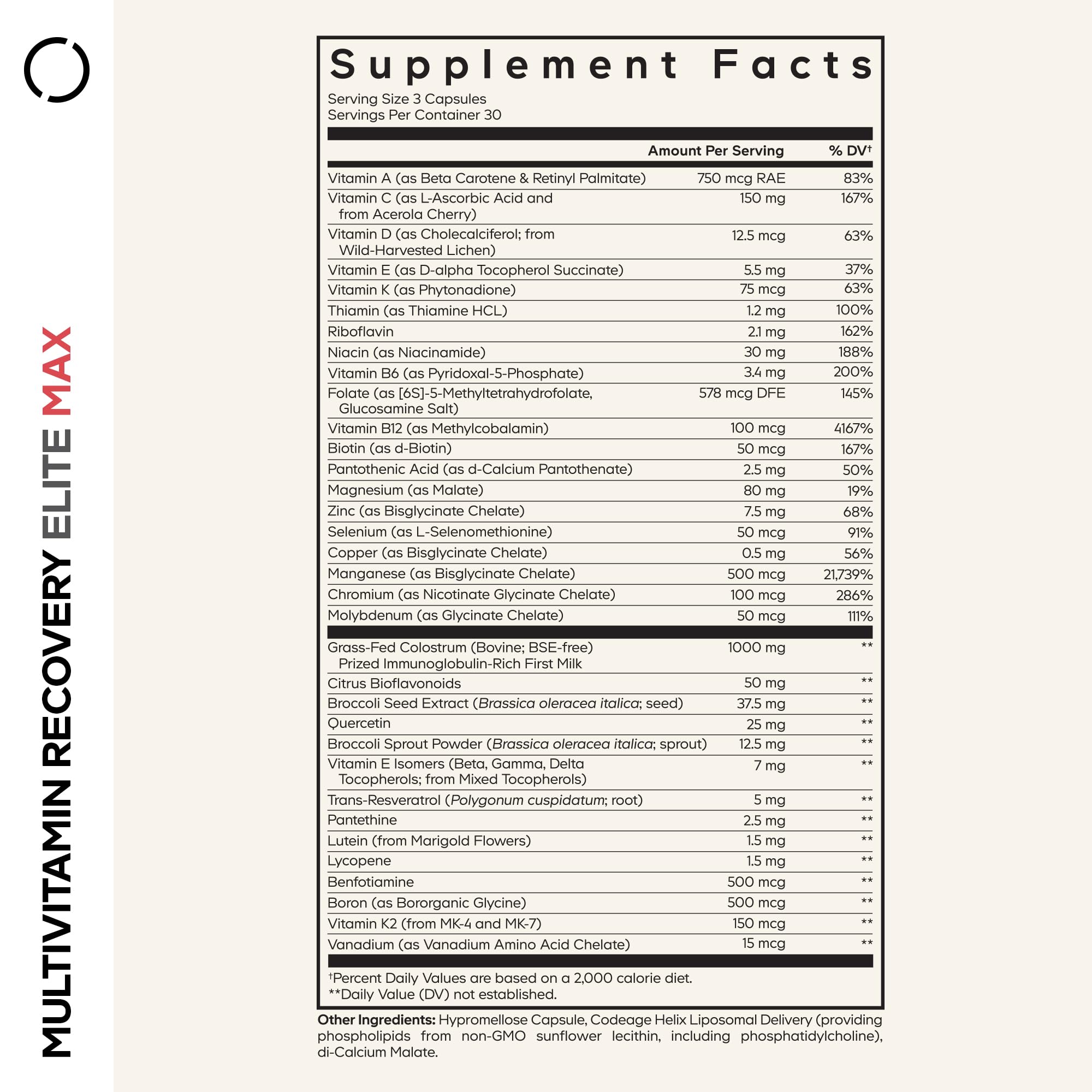 Codeage Recovery Elite Max bottle back label showing ingredients and benefits.