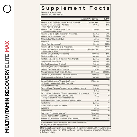 Codeage Recovery Elite Max bottle back label showing ingredients and benefits.