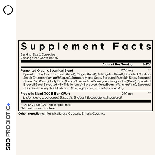 Codeage SBO Probiotic label highlighting 100 Billion CFU per serving