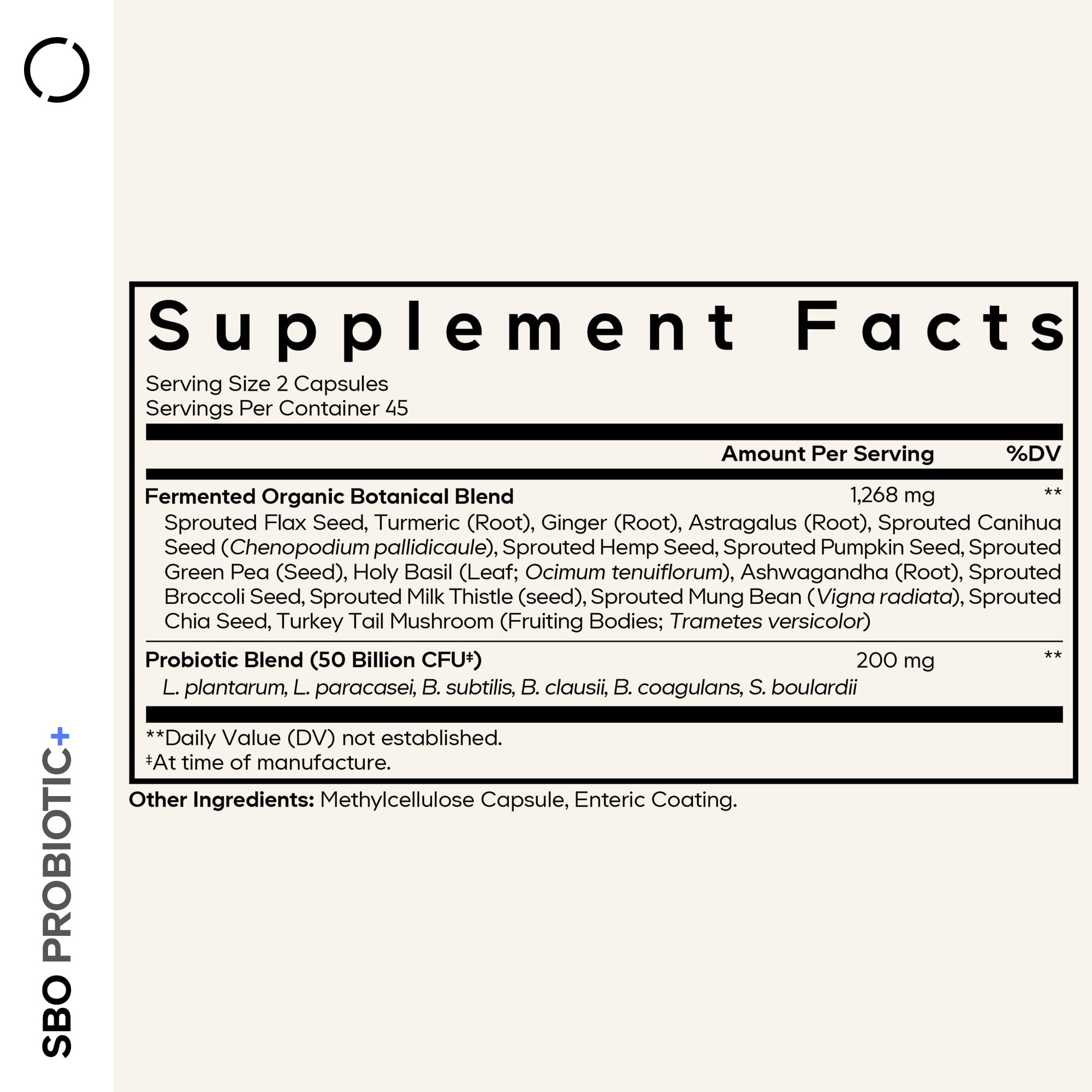 Codeage SBO Probiotic label highlights multi-strain blend and vegan formula for wellness