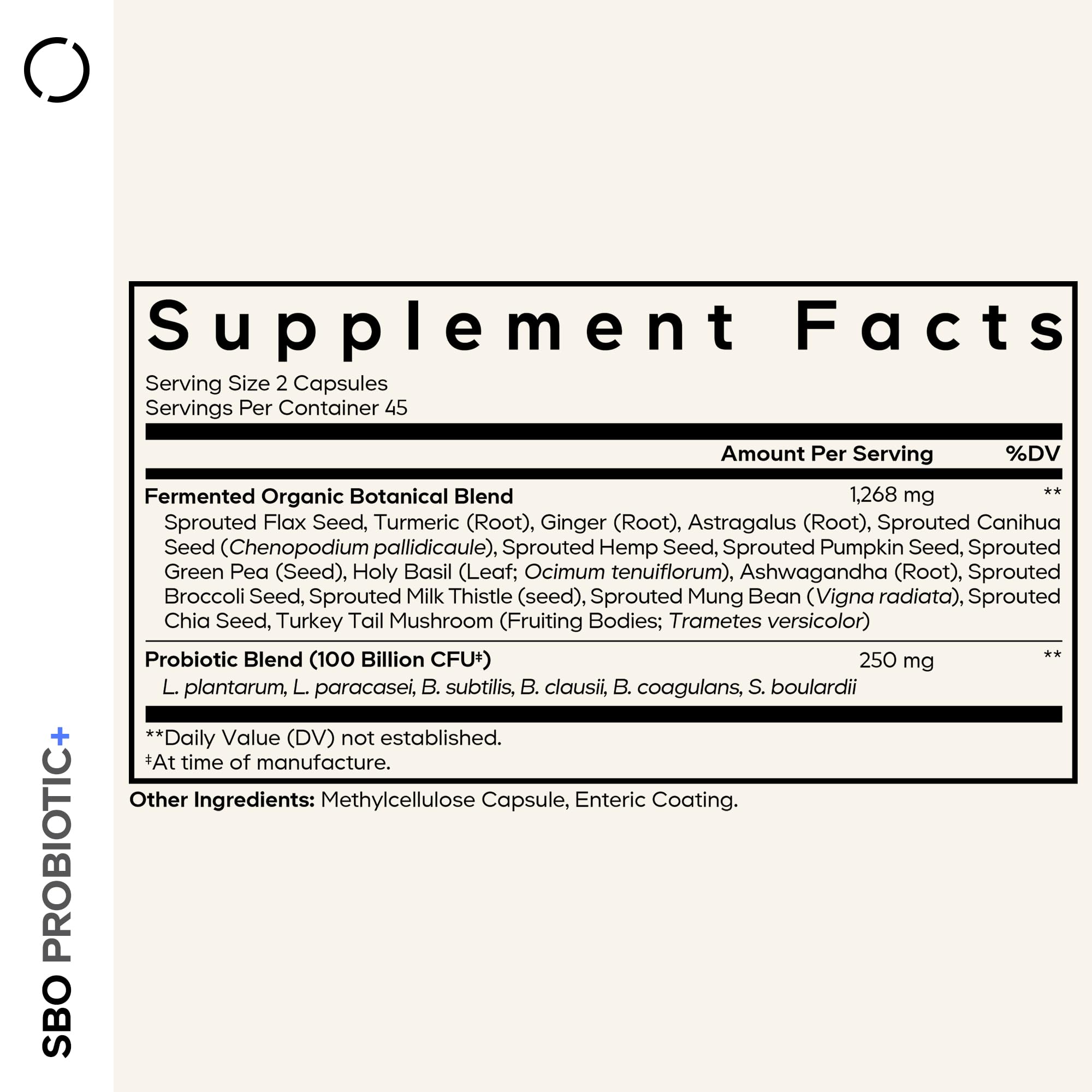 Codeage SBO Probiotic bottle shows six probiotic strains for diverse support