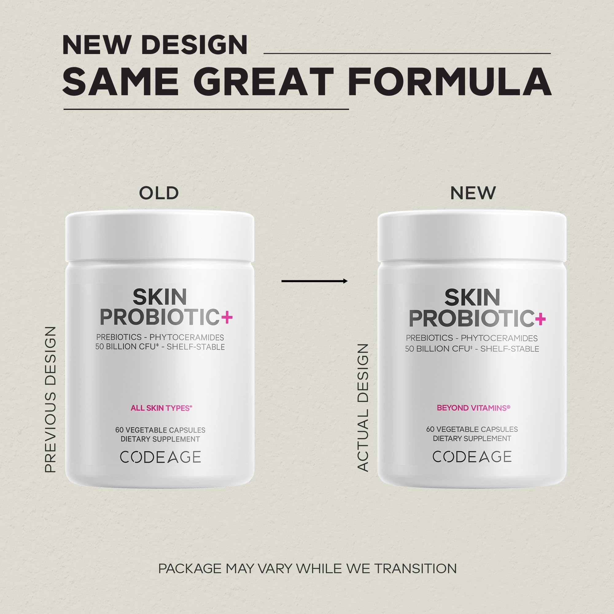 Codeage Skin Probiotics ingredient diagram highlighting 19 probiotic strains