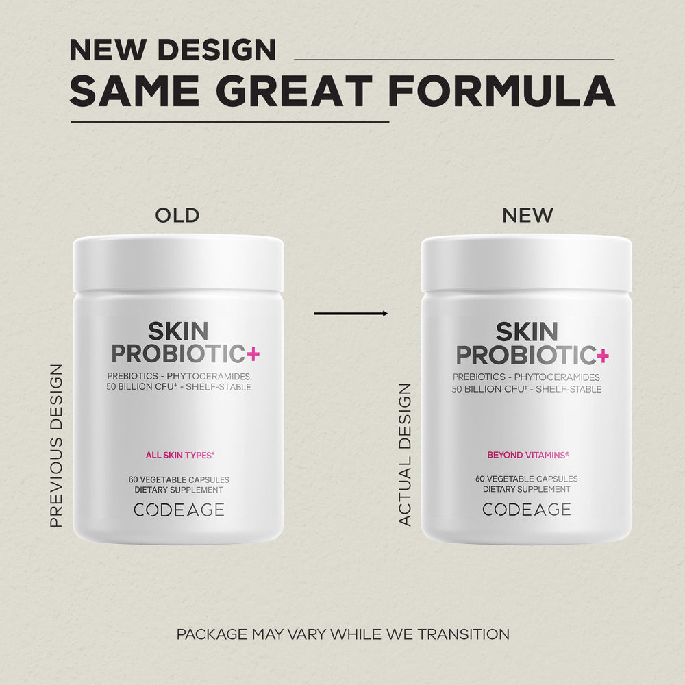 Codeage Skin Probiotics ingredient diagram highlighting 19 probiotic strains