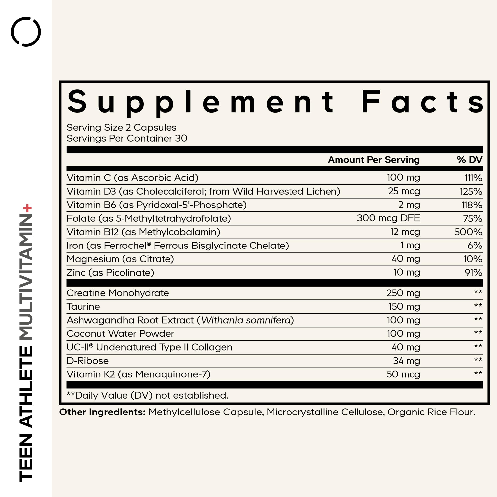 Codeage Teen Athlete bottle label highlighting non-GMO formula