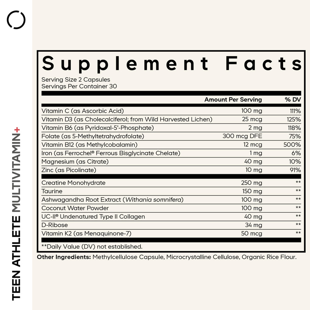 Codeage Teen Athlete bottle label highlighting non-GMO formula