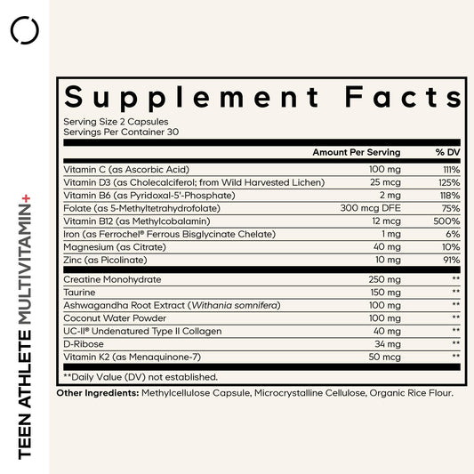 Codeage Teen Athlete bottle label highlighting non-GMO formula