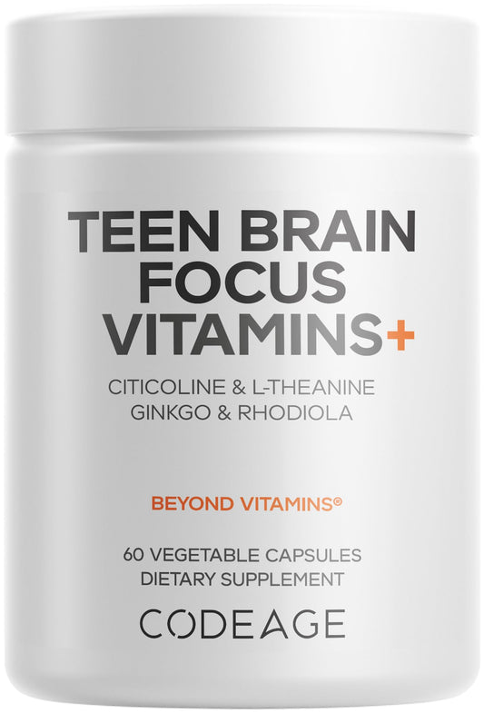 Codeage Teen Brain Focus bottle supports teen study focus with liposomal delivery.