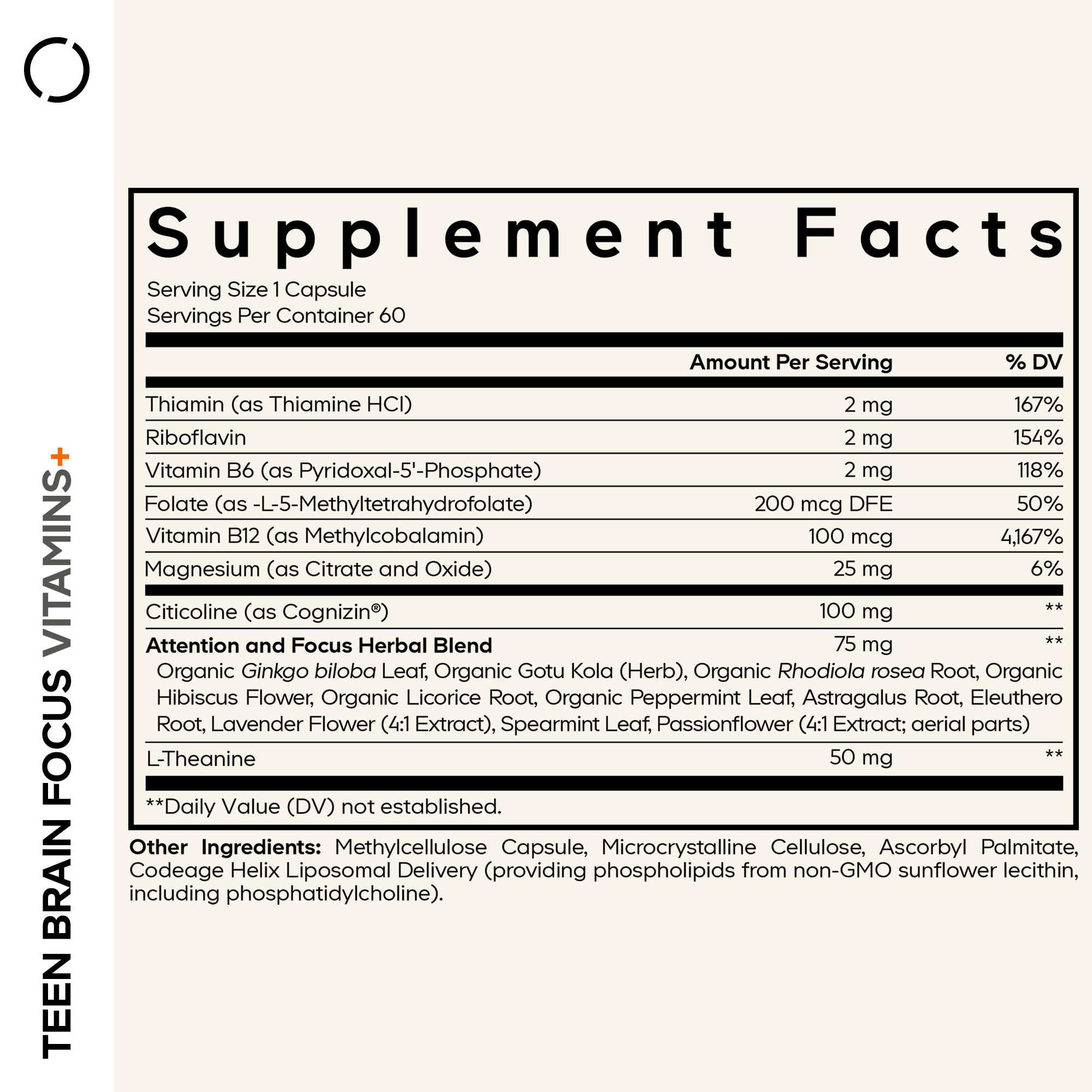Codeage Teen Brain Focus capsules shown for easy daily use.