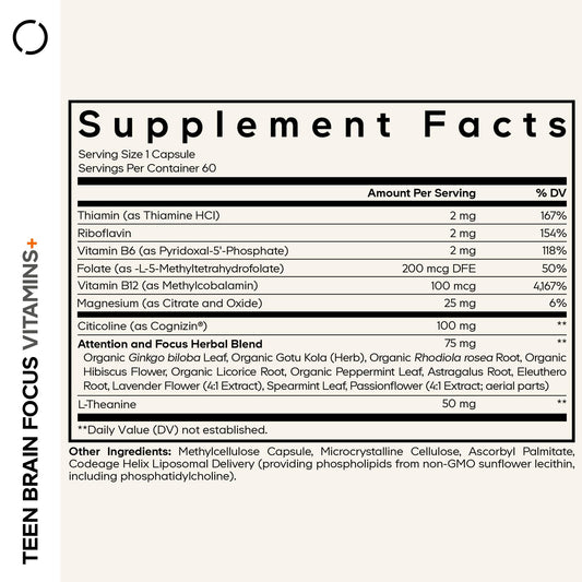 Codeage Teen Brain Focus capsules shown for easy daily use.