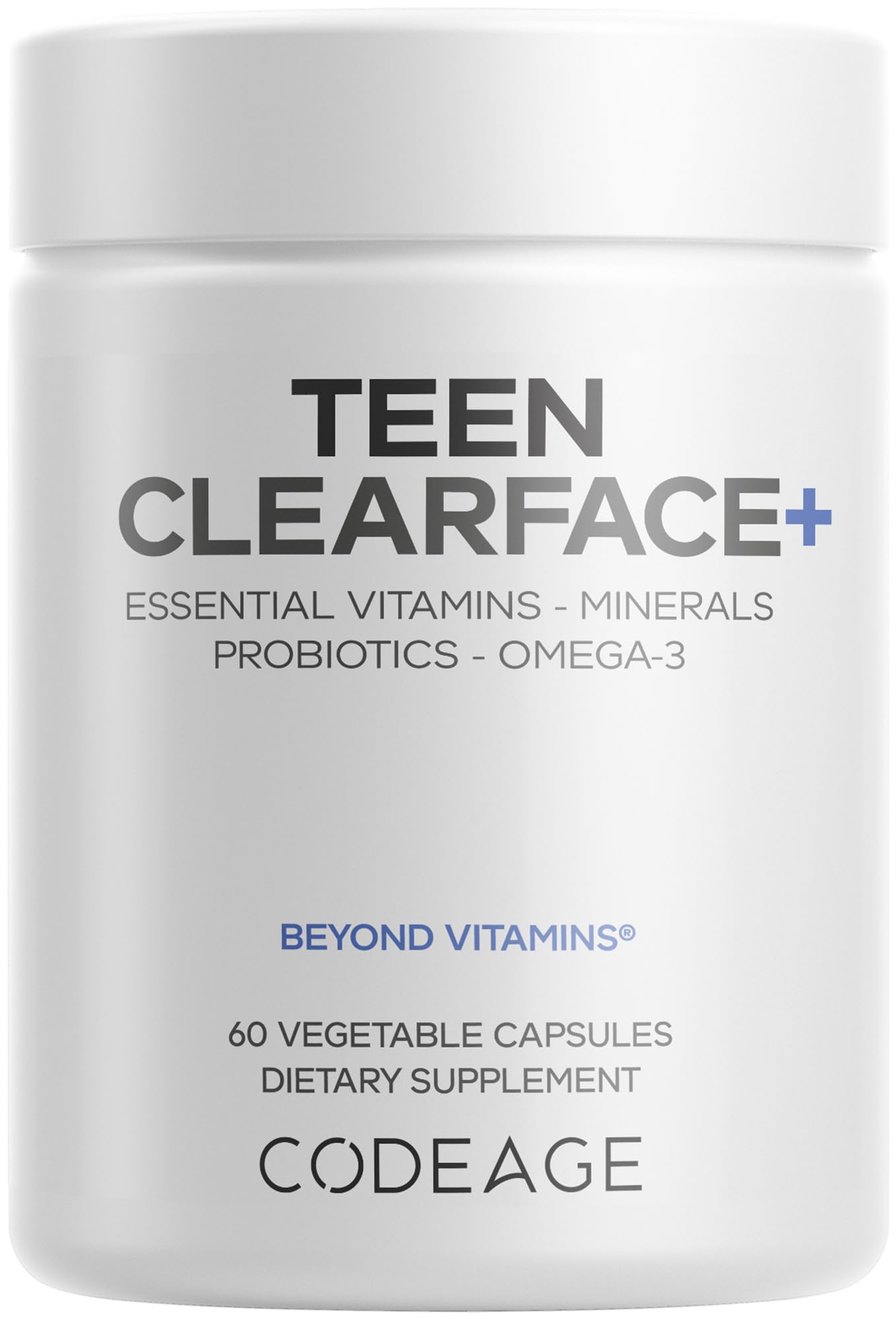 Codeage Teen Clearface bottle front showing complete multivitamin for teen skin support.