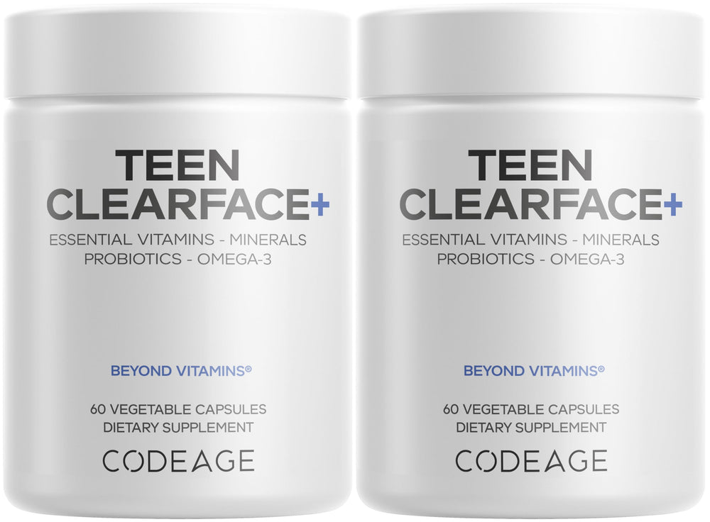 Codeage Teen Clearface bottle with capsules; supports teen skin balance for oily skin