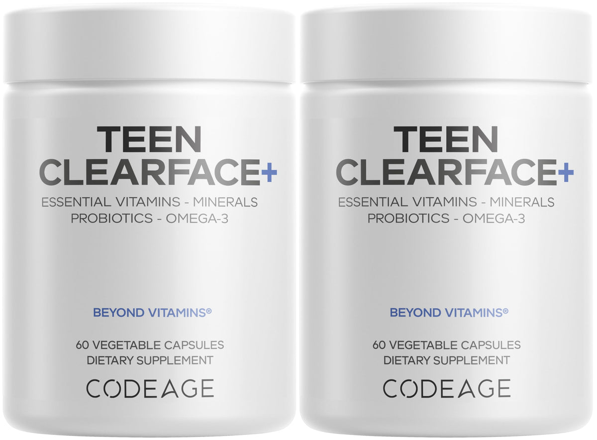 Codeage Teen Clearface bottle with capsules; supports teen skin balance for oily skin