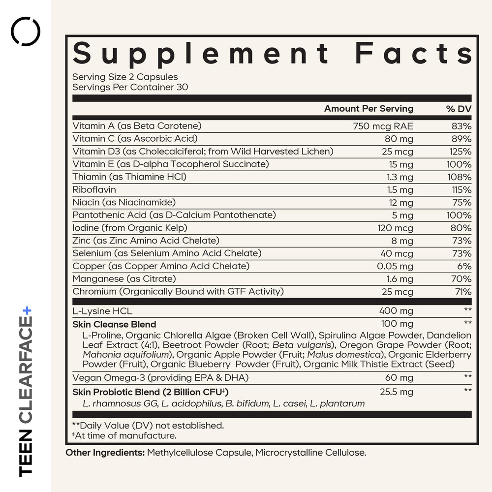 Codeage Teen Clearface capsules close-up highlighting zinc and omega-3 for complexion health.
