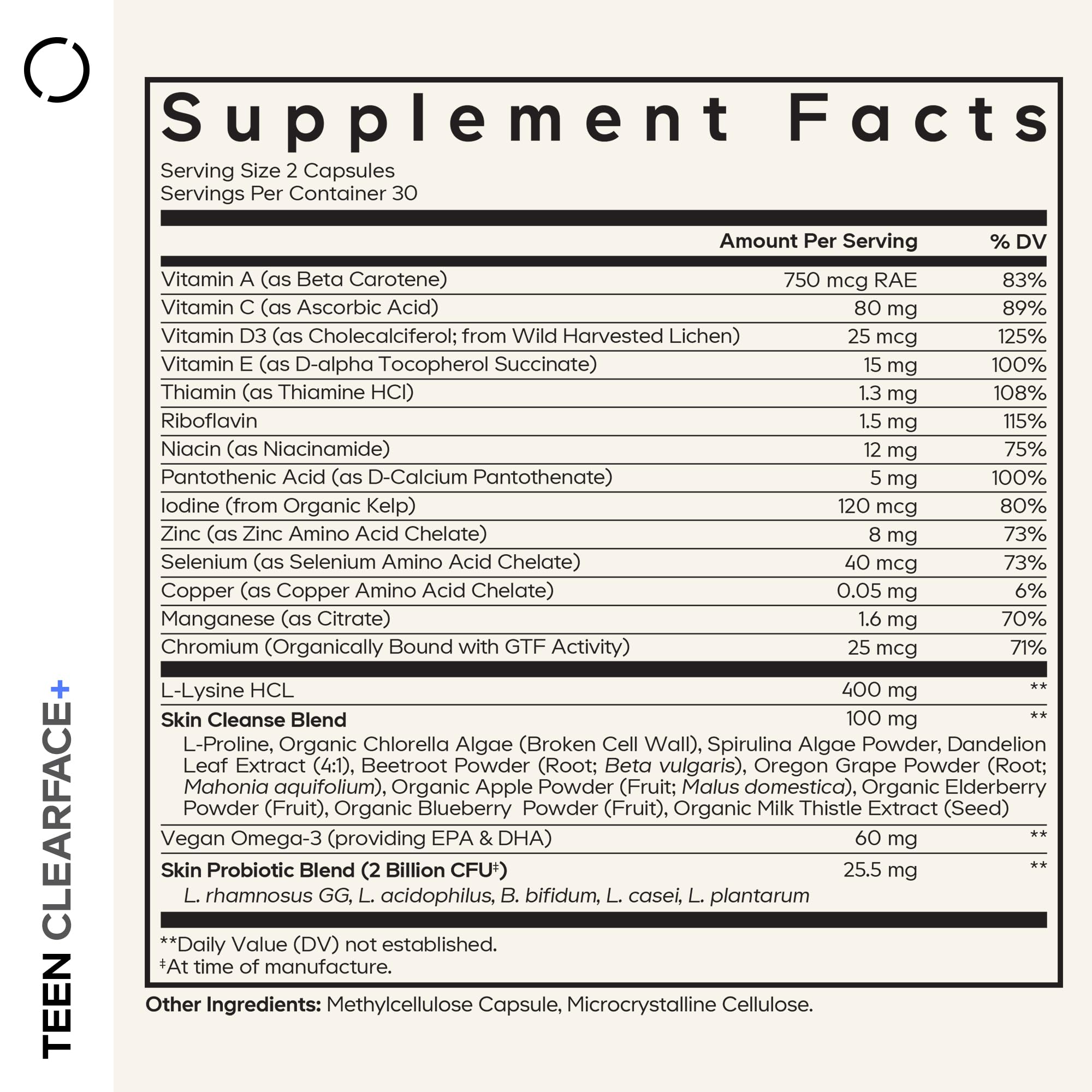 Codeage Teen Clearface ingredient panel; highlights vitamins and minerals for skin health