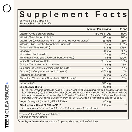 Codeage Teen Clearface ingredient panel; highlights vitamins and minerals for skin health