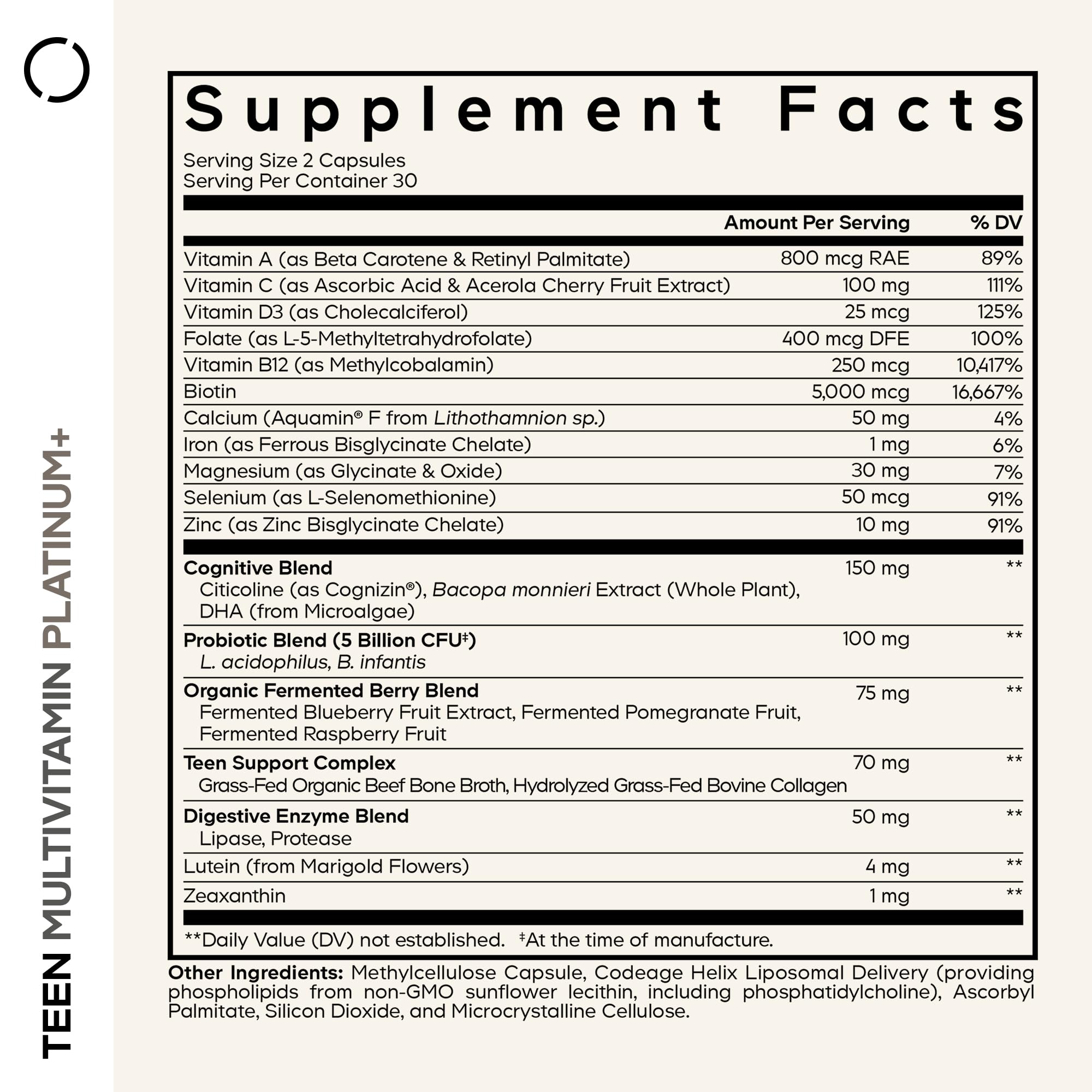 Codeage Teen Multivitamin+ Platinum nutrition panel highlights essential teen nutrients