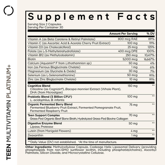 Codeage Teen Multivitamin+ Platinum nutrition panel highlights essential teen nutrients