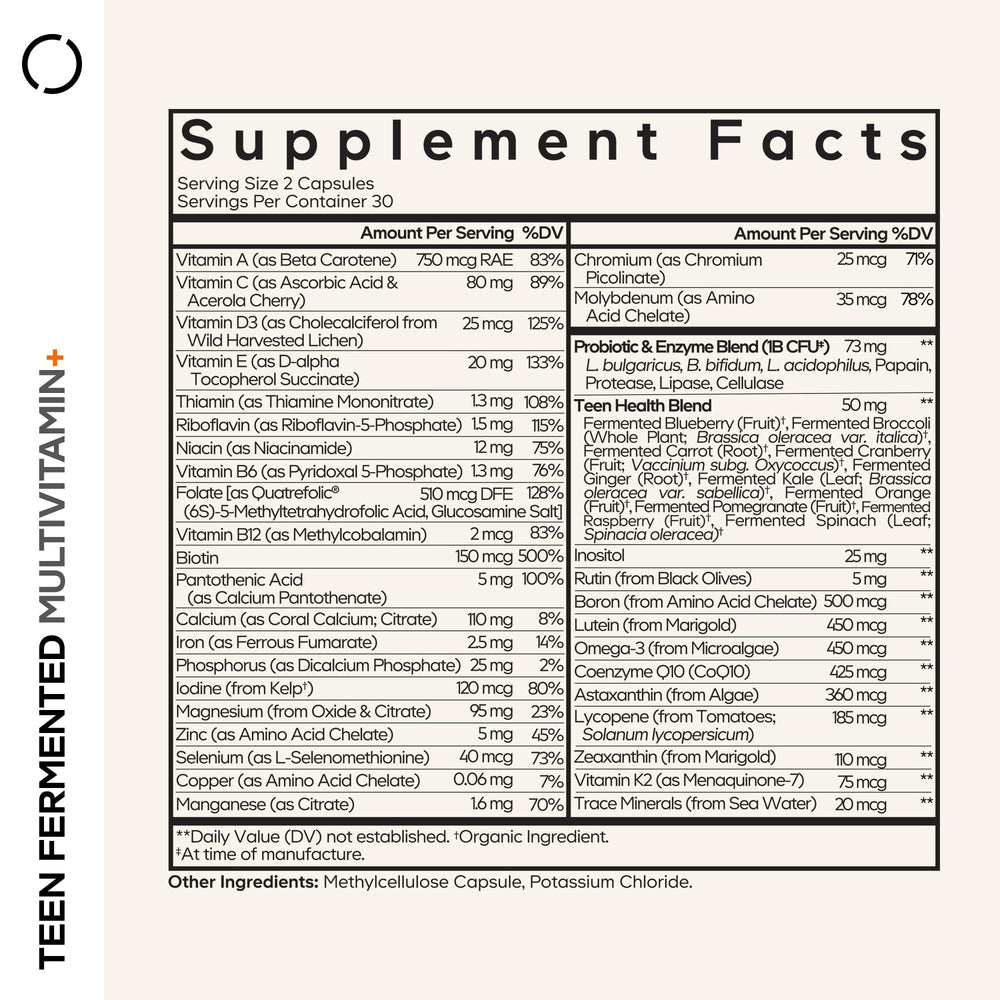 Codeage Teen Multivitamin tablets close-up showing compact form for easy daily use.
