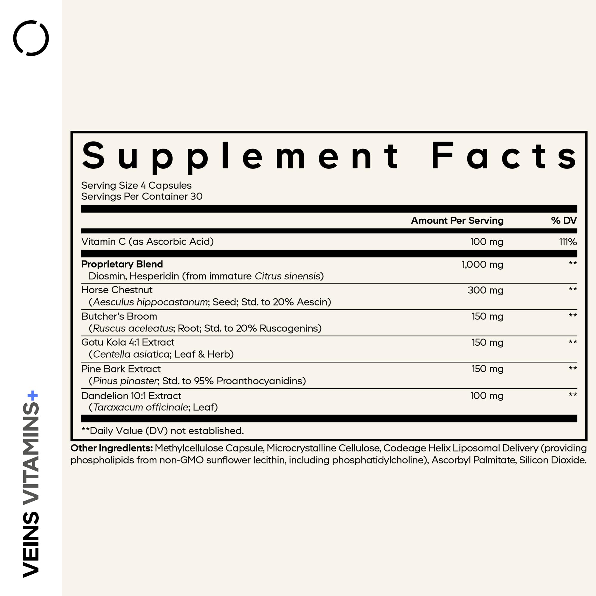 Codeage Veins Vitamins+ capsules arranged for daily intake