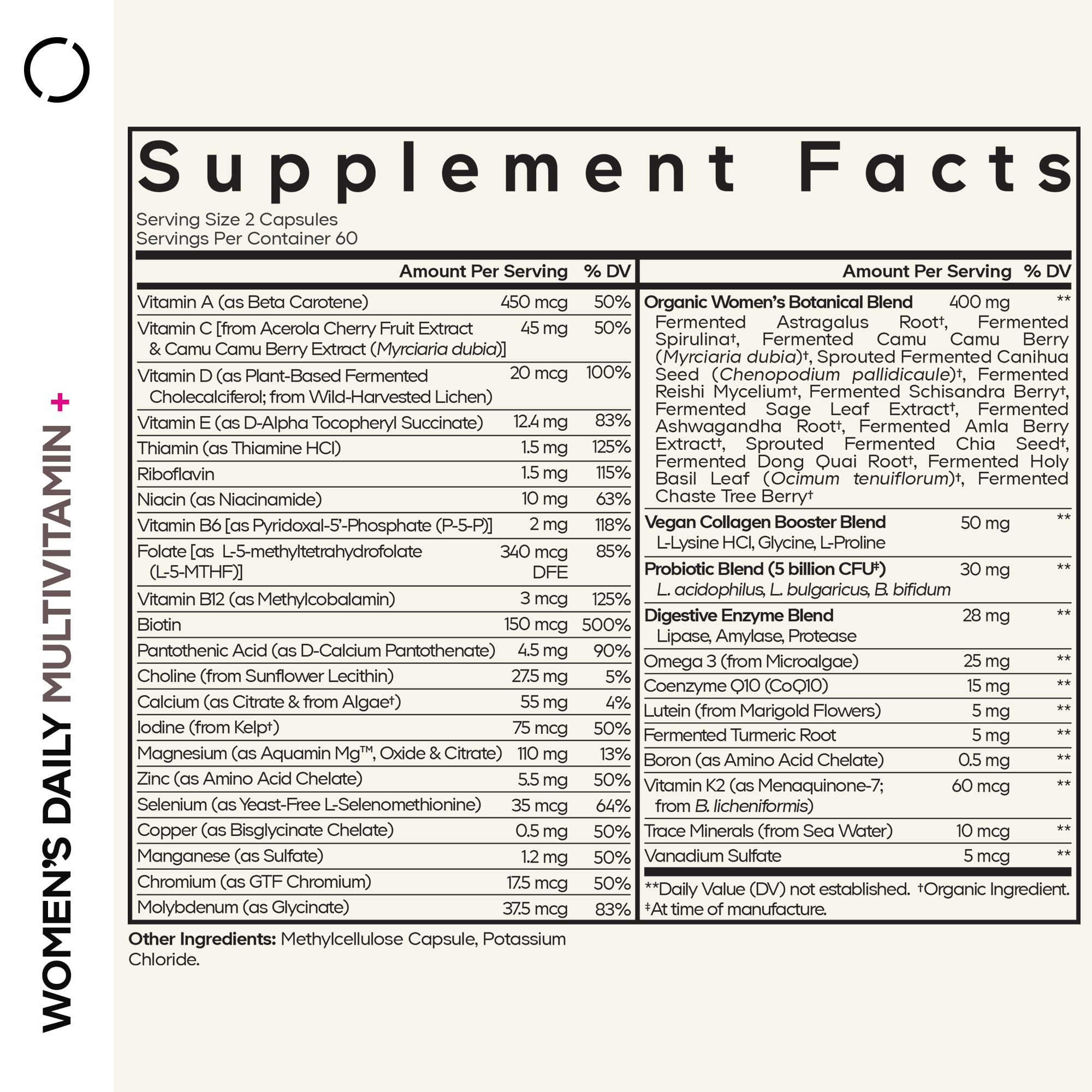 Codeage Women’s Daily Multivitamin bottle side shows vegan, dairy-free nutrition for clean daily support