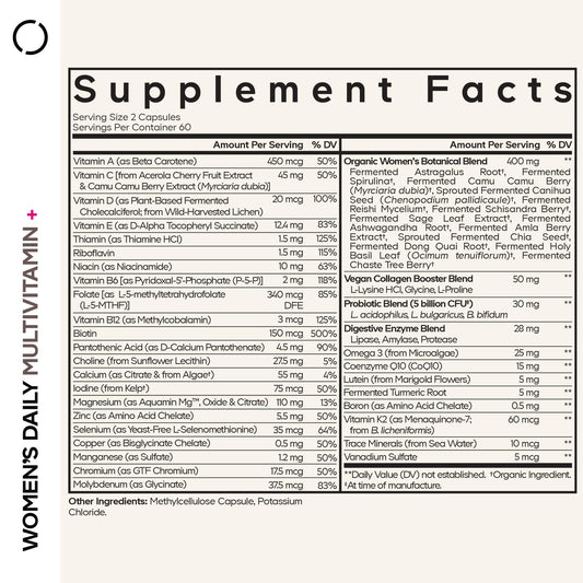 Codeage Women’s Daily Multivitamin bottle side shows vegan, dairy-free nutrition for clean daily support