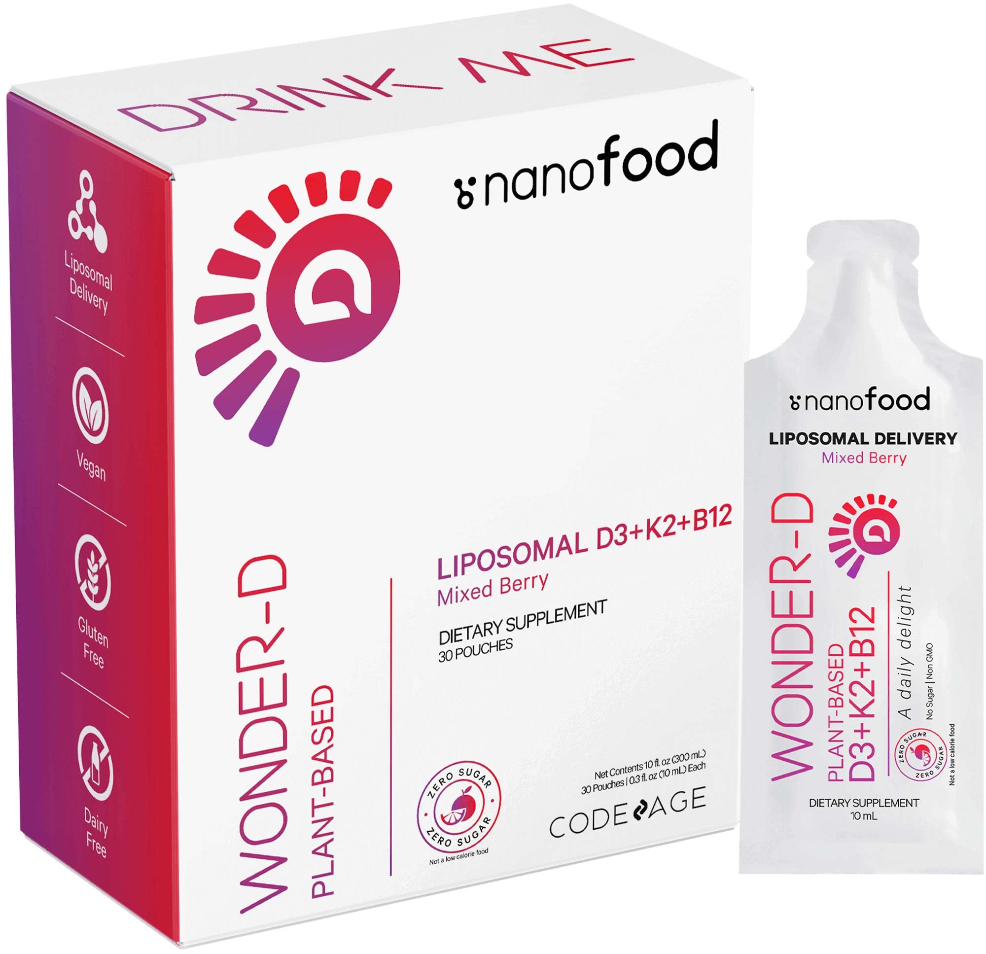 Codeage Wonder-D sachet packaging showing vegan liposomal D3 and K2 for convenient daily use.