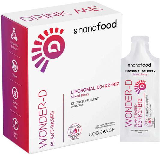 Codeage Wonder-D sachet packaging showing vegan liposomal D3 and K2 for convenient daily use.
