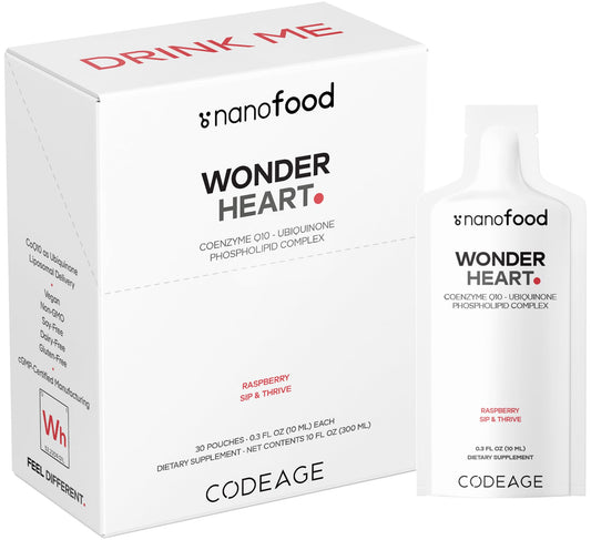 Codeage Wonder Heart bottle shows raspberry CoQ10 liquid for daily support.
