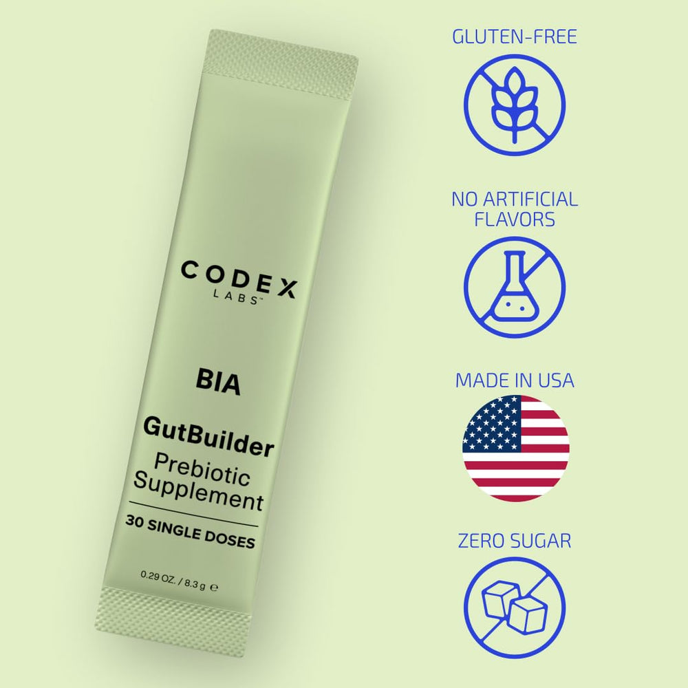 Codex Beauty BIA GutBuilder packaging label emphasizing antioxidants and superfoods