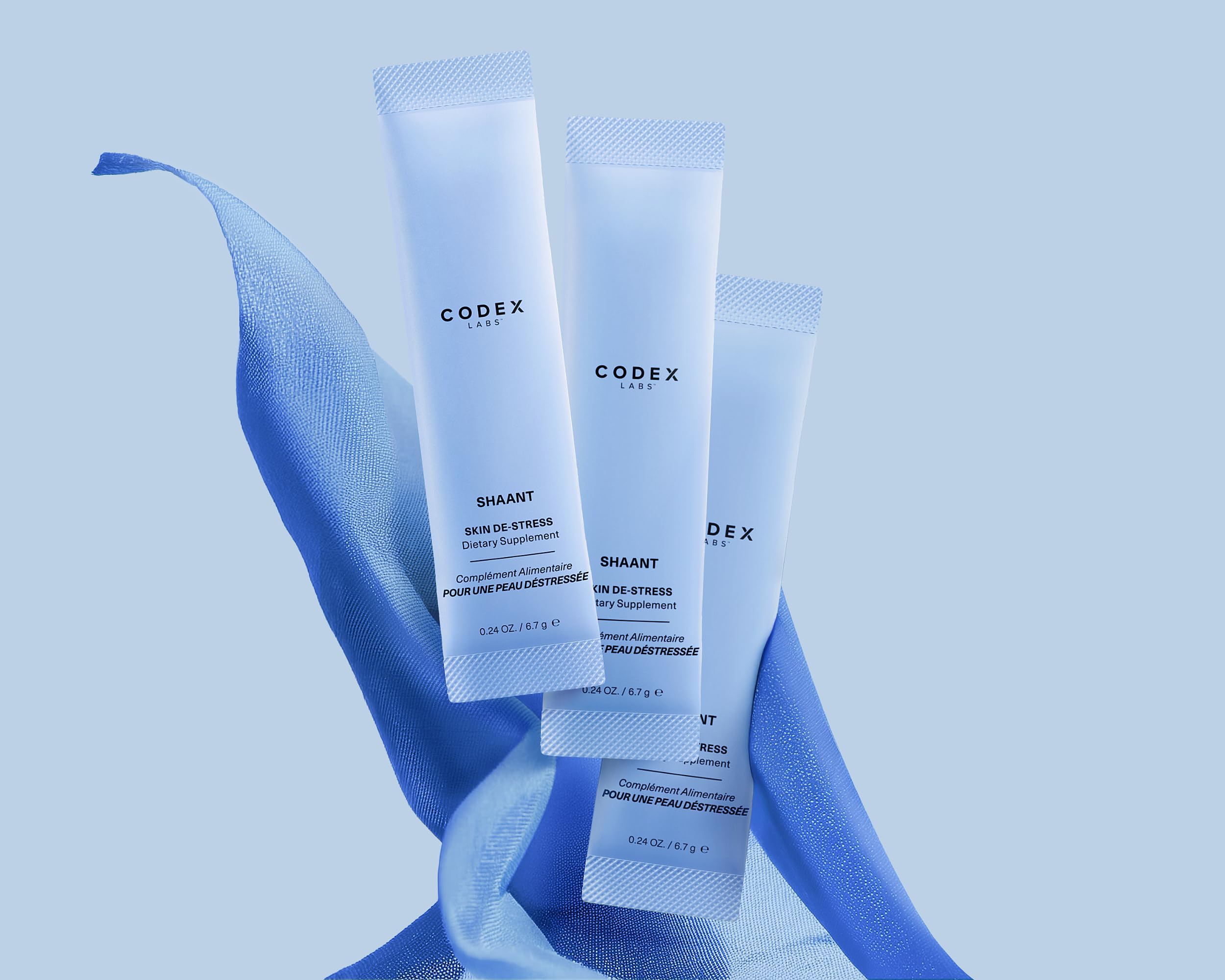 Codex Labs Shaant Skin De-Stress studio-shot with premium supplement aesthetics.