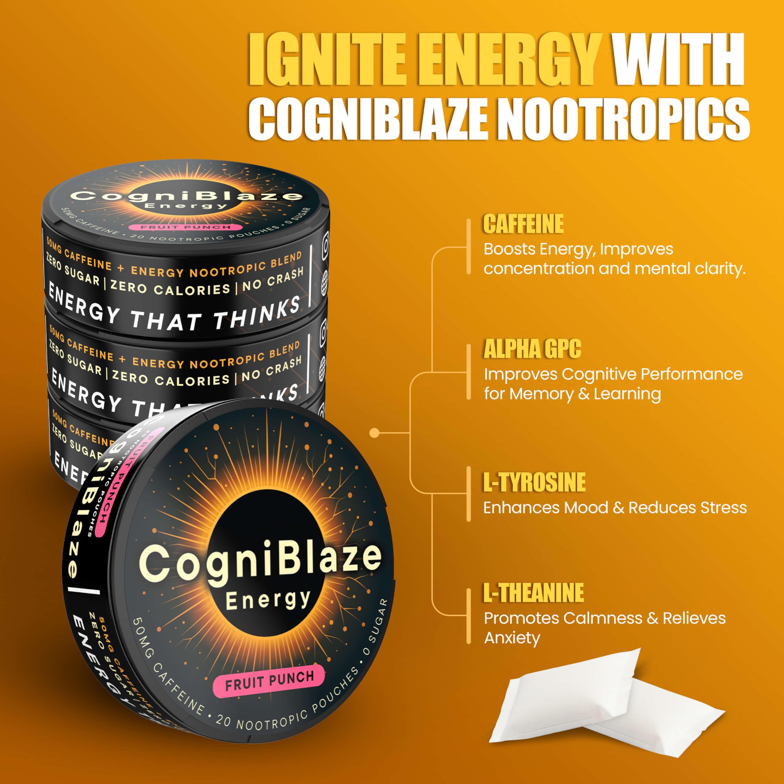 CogniBlaze pouch bottle displaying alpha GPC and L-tyrosine for clearer energy