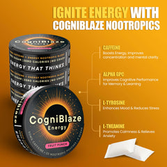 CogniBlaze pouch bottle displaying alpha GPC and L-tyrosine for clearer energy