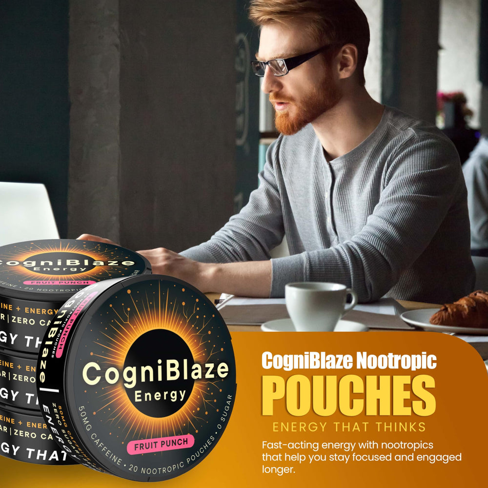 Closeup of CogniBlaze fruit punch pouch showing smooth taste and focus support